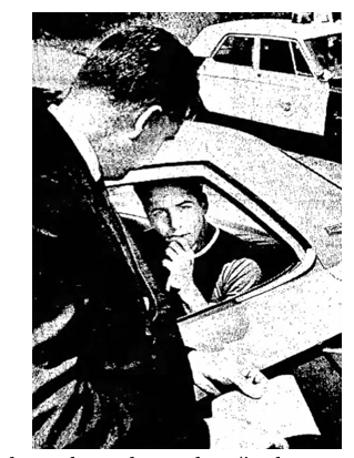 Period newspaper photo of a young Frank Abagnale being questioned by police at a car