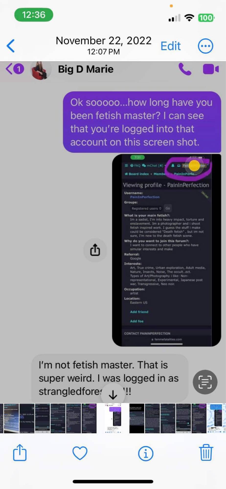 Text exchange between Alecia Lockhart and LaDonna Humphrey, with a screenshot of the Fetish Master forum profile
